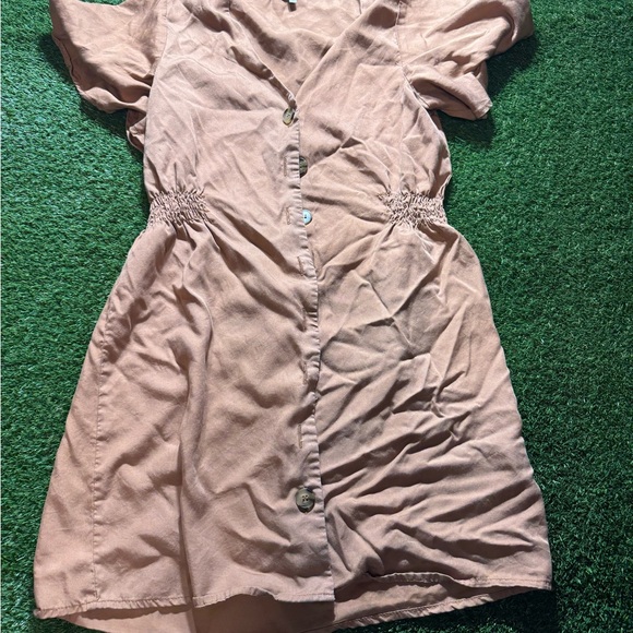 iris | Dresses | Iris Tan Scrunch Button Dress With Sleeves | Poshmark